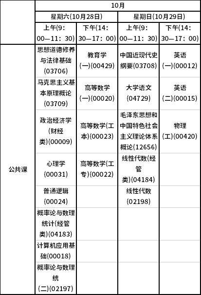 青海省2023年10月高等教育自学考试时间安排表