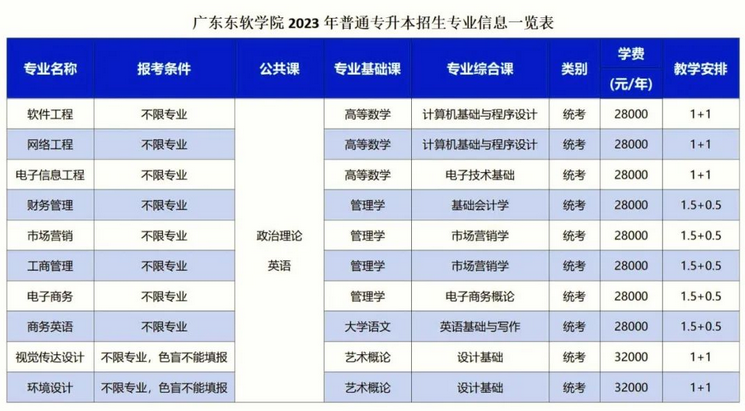 2023年广东东软学院专升本招生专业